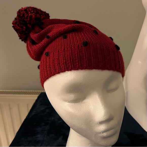 RACHEL COMEY Beanie Hat Deep Red & Black knit Cap Pom Pom Alpaca NWOT - Picture 3 of 7
